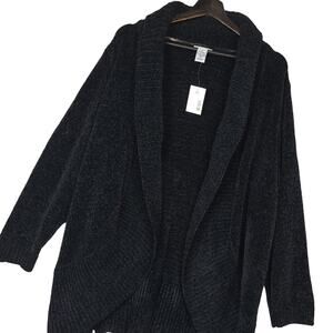 Catherines Women's Polyester Cardigan Sz 2X Open Front Mock Neck Ribbed Black